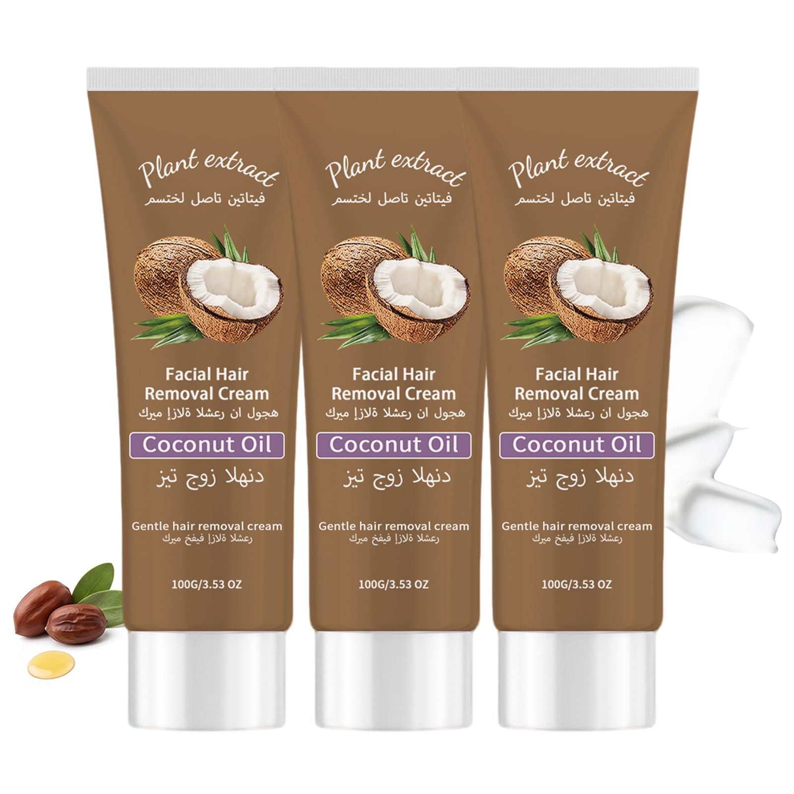 Crema depilatoria viso con olio di cocco ed estratto vegetale, delicato ed efficace per labbro superiore, mento e guance, adatta per pelli sensibili, idratante, crema depilatoria per donne (3 pezzi)