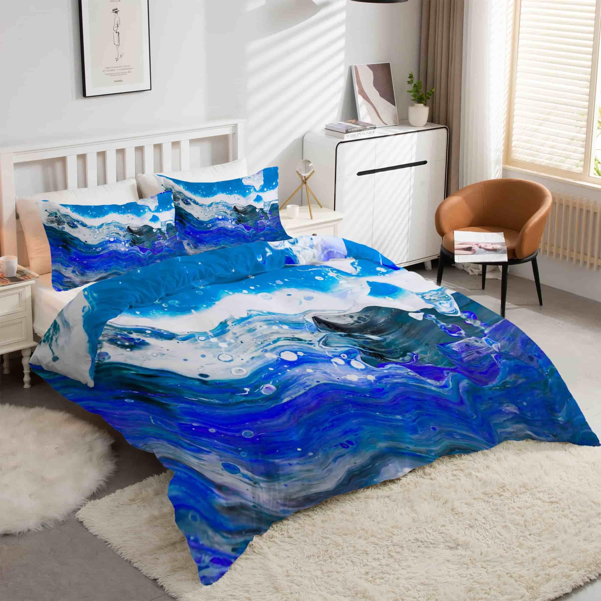 Housse de couette 160x200 peinture à l'huile bleu avec 2 taies d'oreiller en microfibre