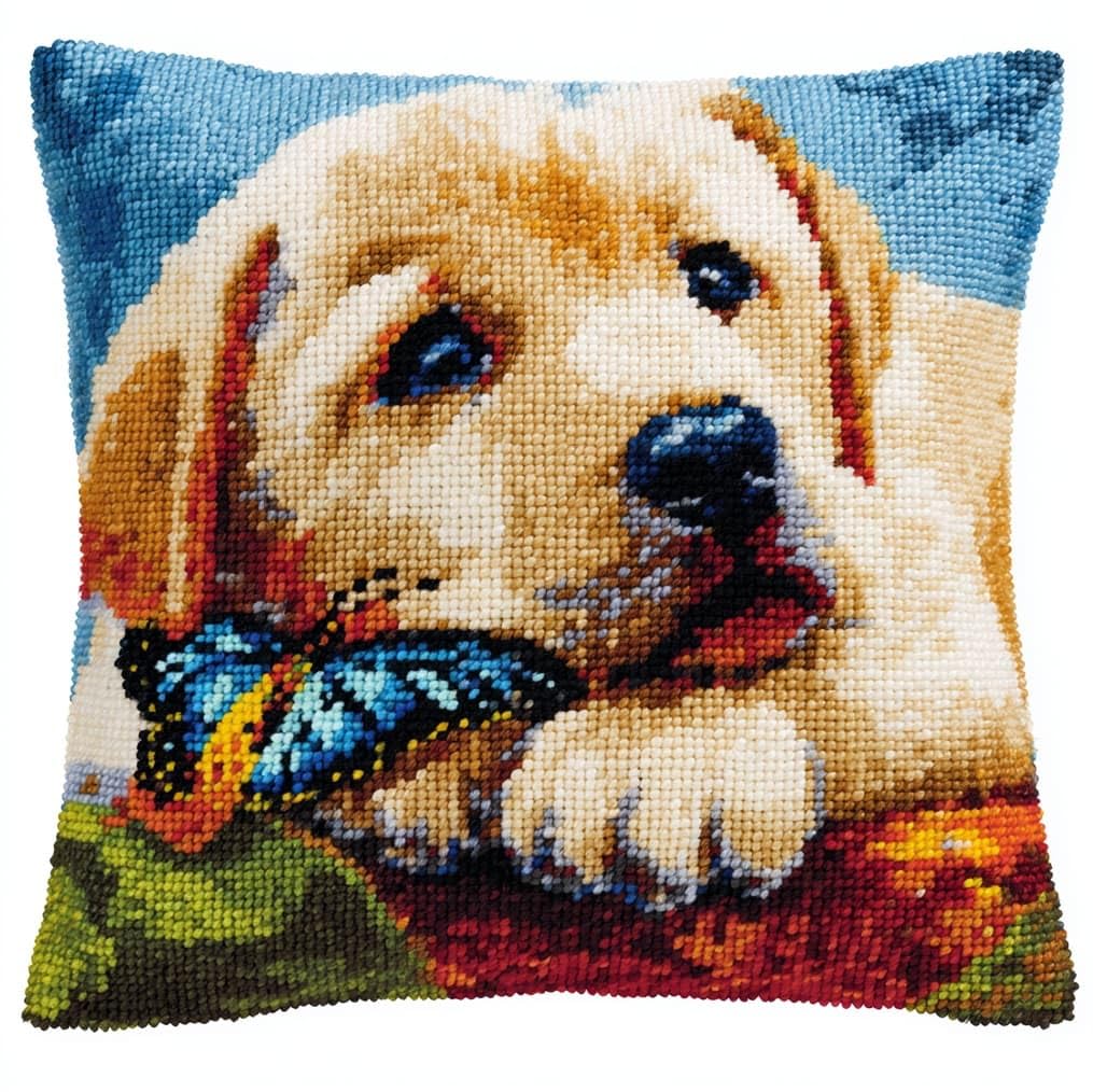 AxiangziK Pre-Printed Latch Hook Pillow Kit,Golden Retriever and Butterfly