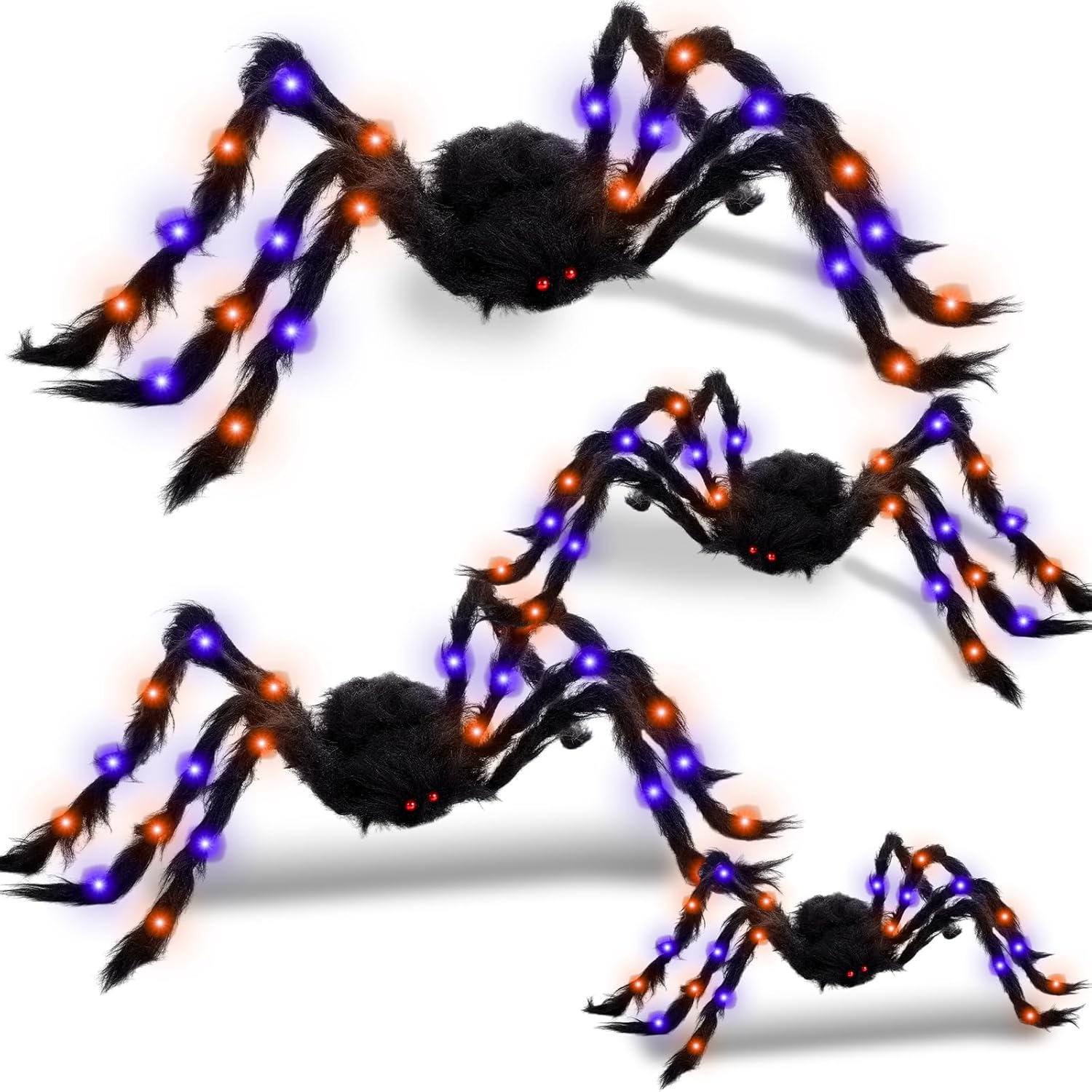 4 Pack Large Halloween Light up Spiders Decorations 4ft 2.9ft 2.4ft 2ft Black Fake Giant Light up Spider Bendable Outdoor Yard for Halloween Garden Party Decor(Orange, Purple)