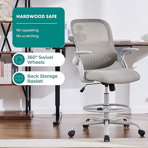 Miniatura 7 de SMUG Silla de dibujo para escritorio de pie, altura de mostrador ajustable, brazos abatibles, ergonómicas de malla con respaldo medio, sillas