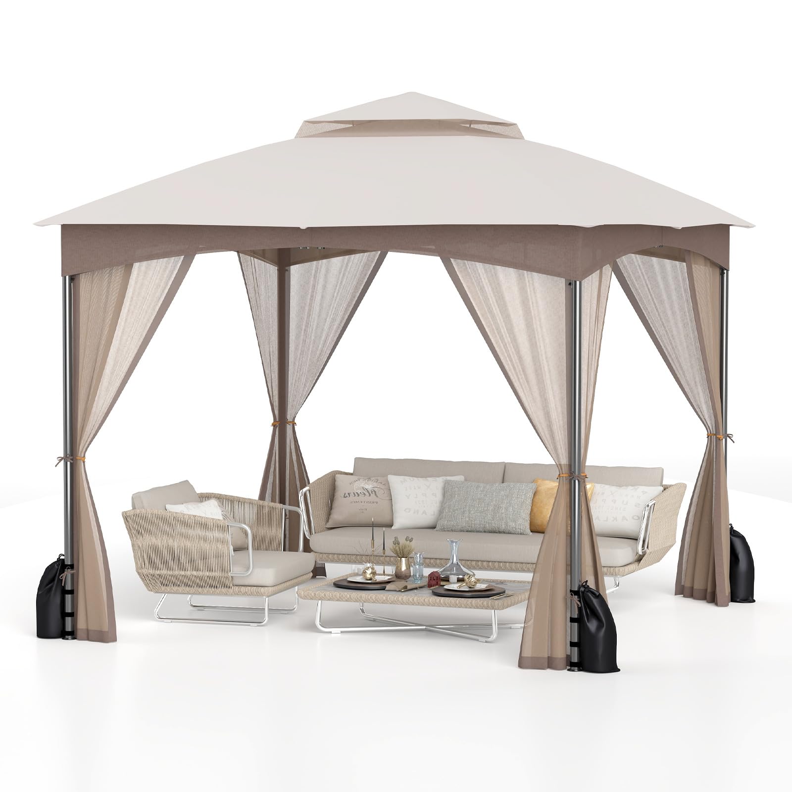 RELAX4LIFE Pergola da 3 x 3 m, con Zanzariera, Padiglione Idrorepellente con Doppio Tetto, Gazebo da Giardino con Telaio in Metallo, 8 Picchetti per il Terreno, 4 Sacchi di Sabbia (MARRONE)