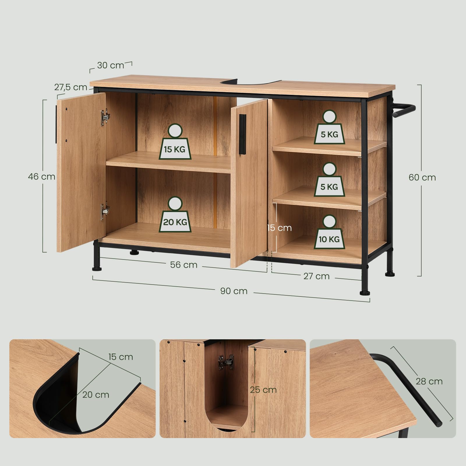 EUGAD Waschbeckenunterschrank, Badezimmerschrank mit Schubladen 3 offenen Fächern, Unterschrank mit verstellbaren Ablagen, freistehender Waschtischunterschrank, 90x60x30 cm (2 Türen)