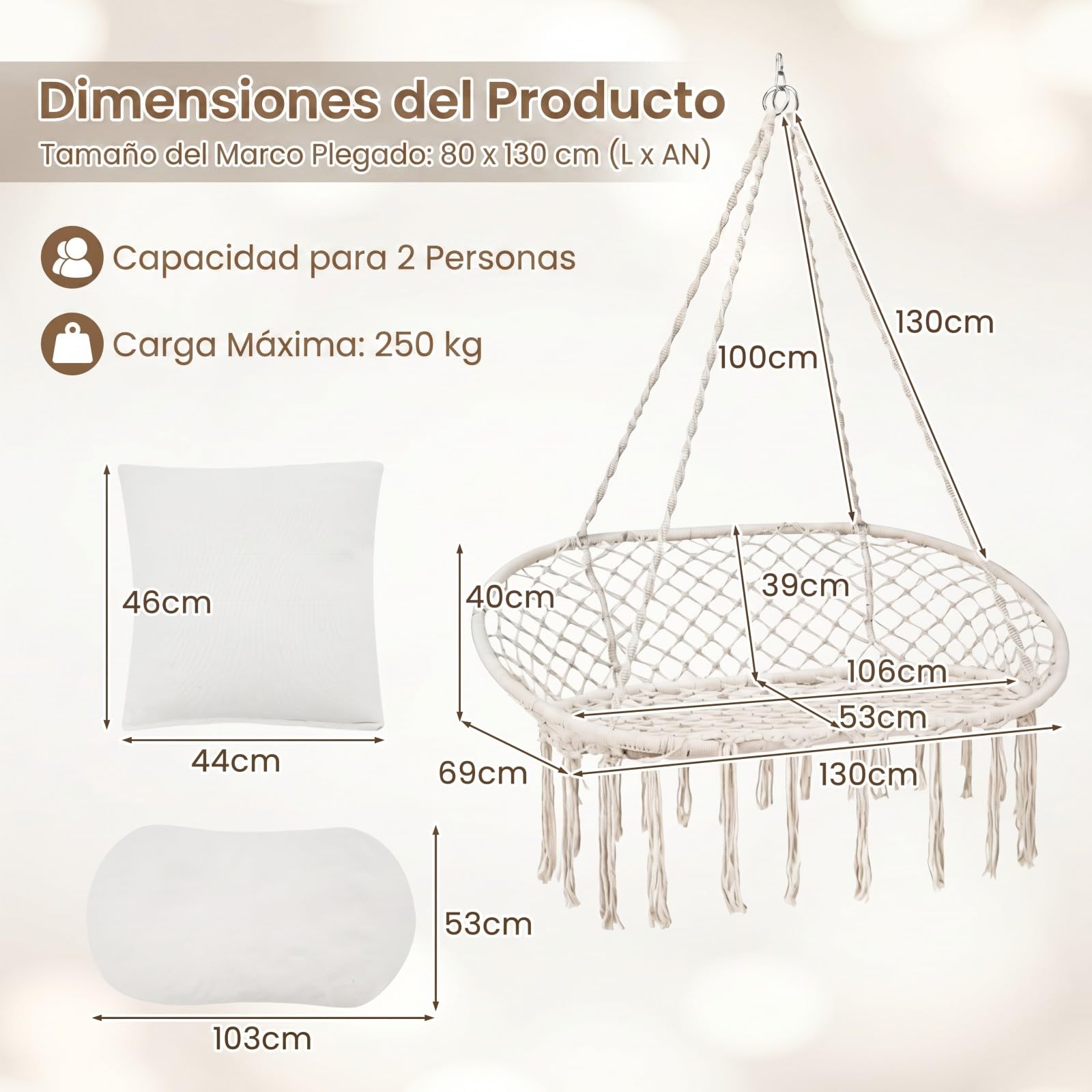COSTWAY Silla Hamaca Colgante, Columpio de 2 Plazas con Flecos, Cojines y Estructura Metálica, Asiento Doble de Estilo Bohemio, Uso Interior Exterior para Patio Balcón Porche, Carga 250 kg, Beige