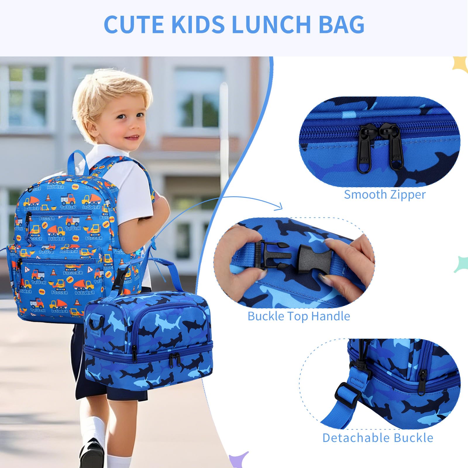 Chase Chic Borsa Termica Bambini, Grande Borsa Termica Porta Pranzo Bambino Bambina Borsetta Frigo Ragazzo Ragazza con Tracolla Staccabile per Picnic Scuola 3-12 Anni, Squalo Blu