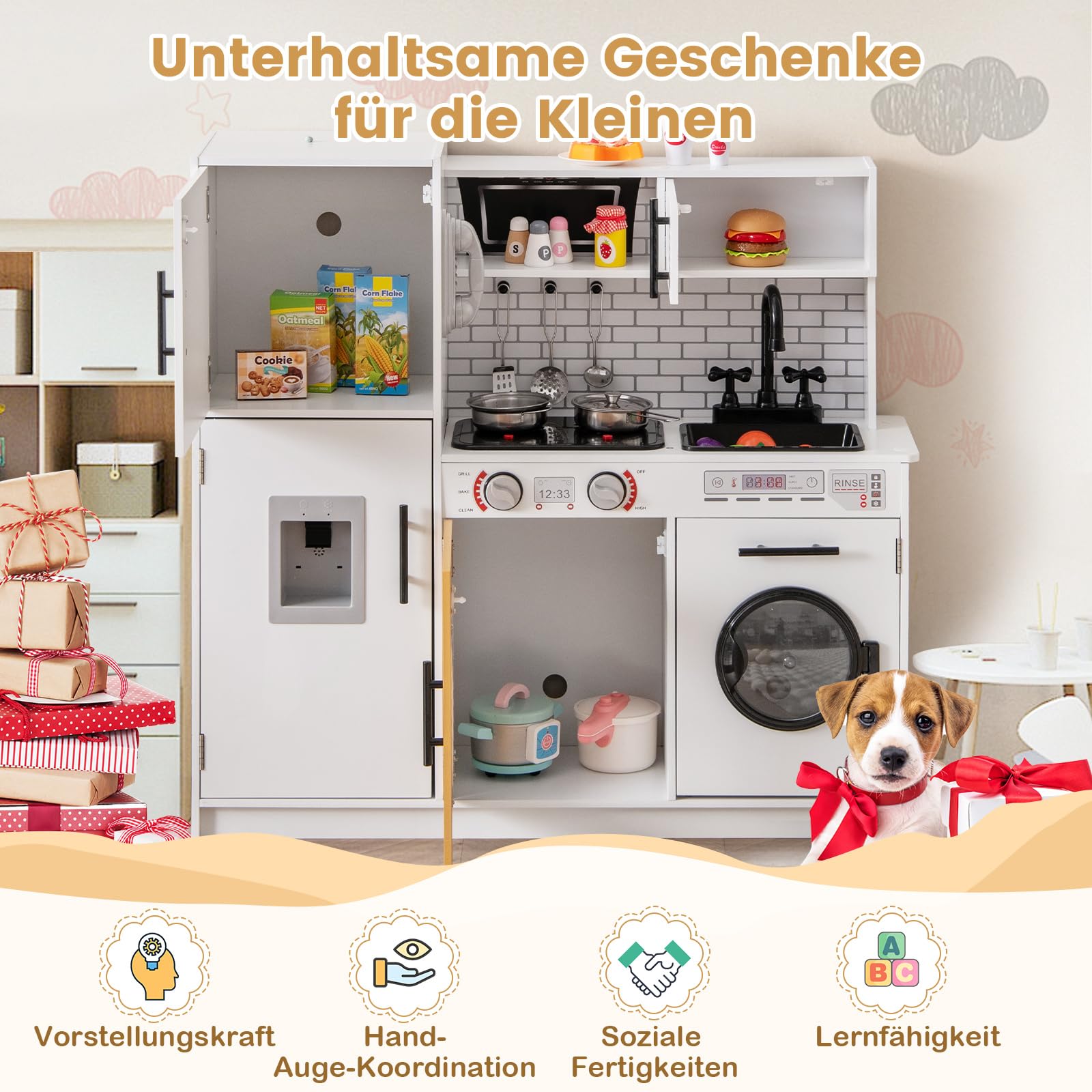 COSTWAY Kinderküche mit Licht und Sound, Spielküchen Holz mit Ofen Mikrowelle Telefon Wasserspender, Spielzeugküche inkl. Küchenzubehör für Jungen und Mädchen ab 3 Jahren (Weiß)