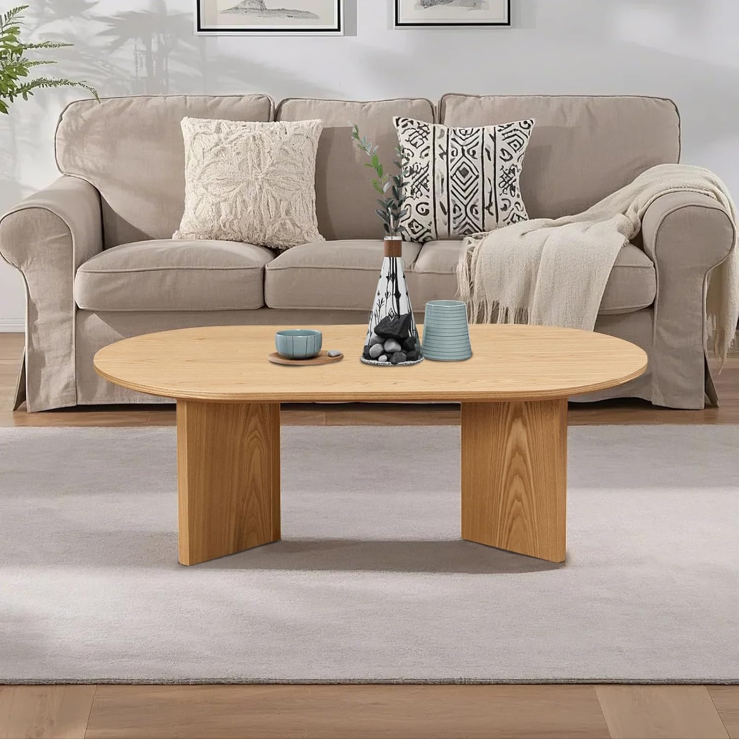 HMFULE Modern Wooden Coffee Table, 39.37" Rustic Farmhouse Coffee Table for Living Room, Oval Shaped Small Center Table with Sturdy Pedestal,Oak