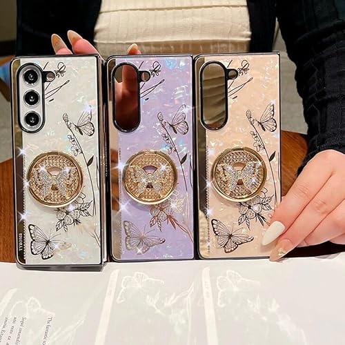 Miniatura 7 de Funda con función atril para Samsung Galaxy Z Fold 5, bonitos diamantes de imitación, mariposa de diamante con soporte de anillo, carcasa de mármol