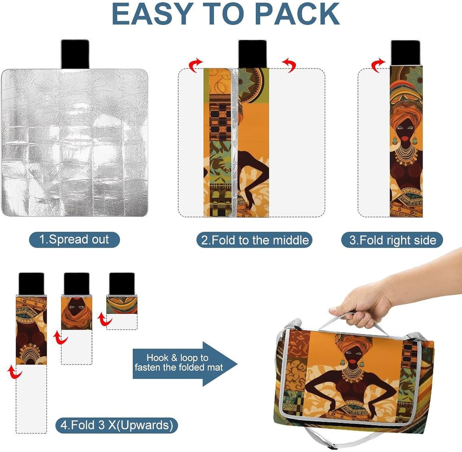 African Woman Waterproof Picnic Blanket 58.3''x58.3'',Portable and Foldable Picnic Mat with Handle,Outdoor Blankets for Lawn Park Beach Travel