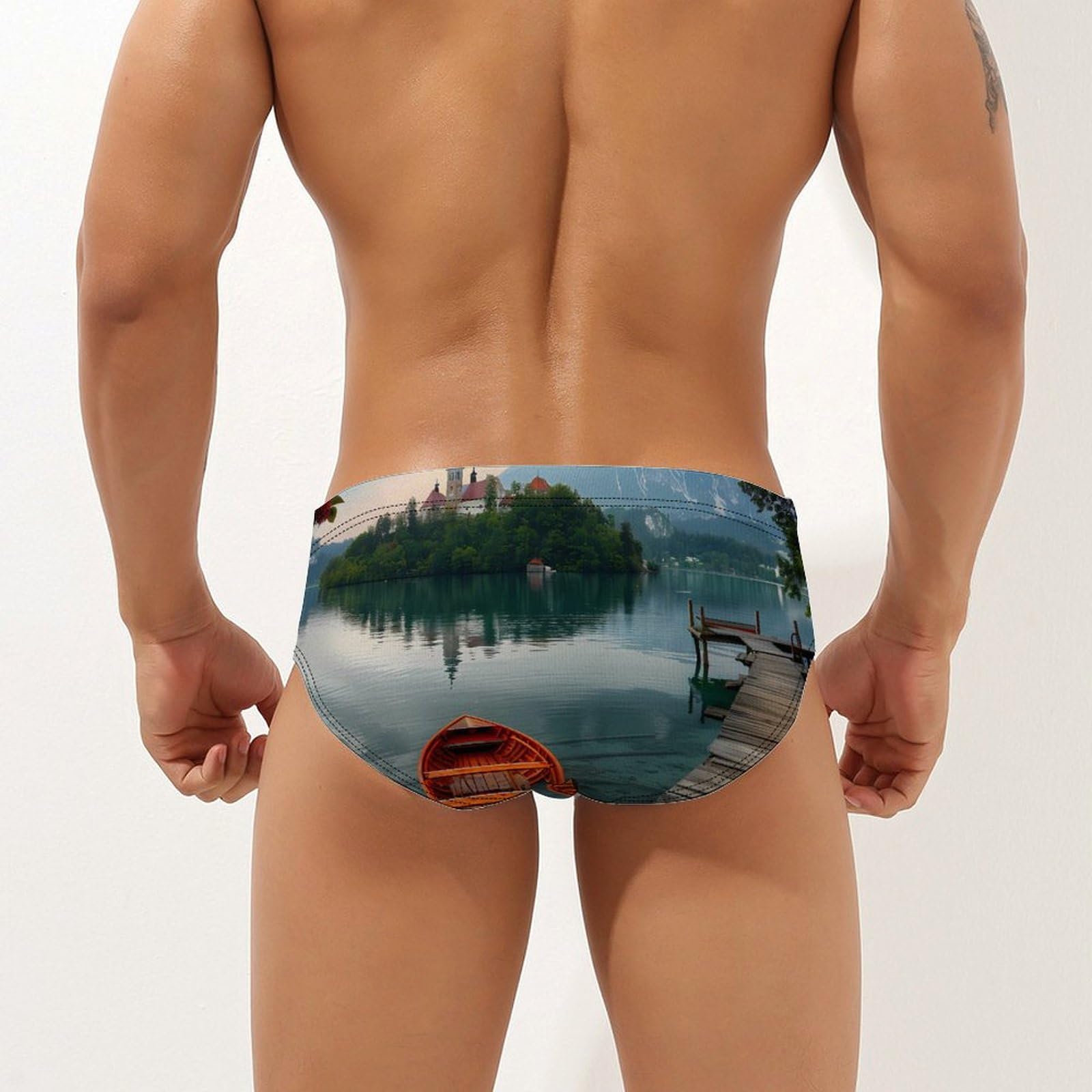 Lake Bled Slovenia Church on The Island Mens Swim Briefs Bikini Swimwear Print Beach Shorts Sexy Swimsuit XL