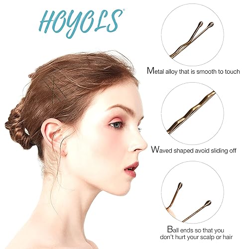 Miniatura 3 de Hoyols Bobby Pin para cabello grueso y fino, agarre seguro, ondulado, a prueba de deslizamiento, horquillas doradas para moño, decorativas, 100