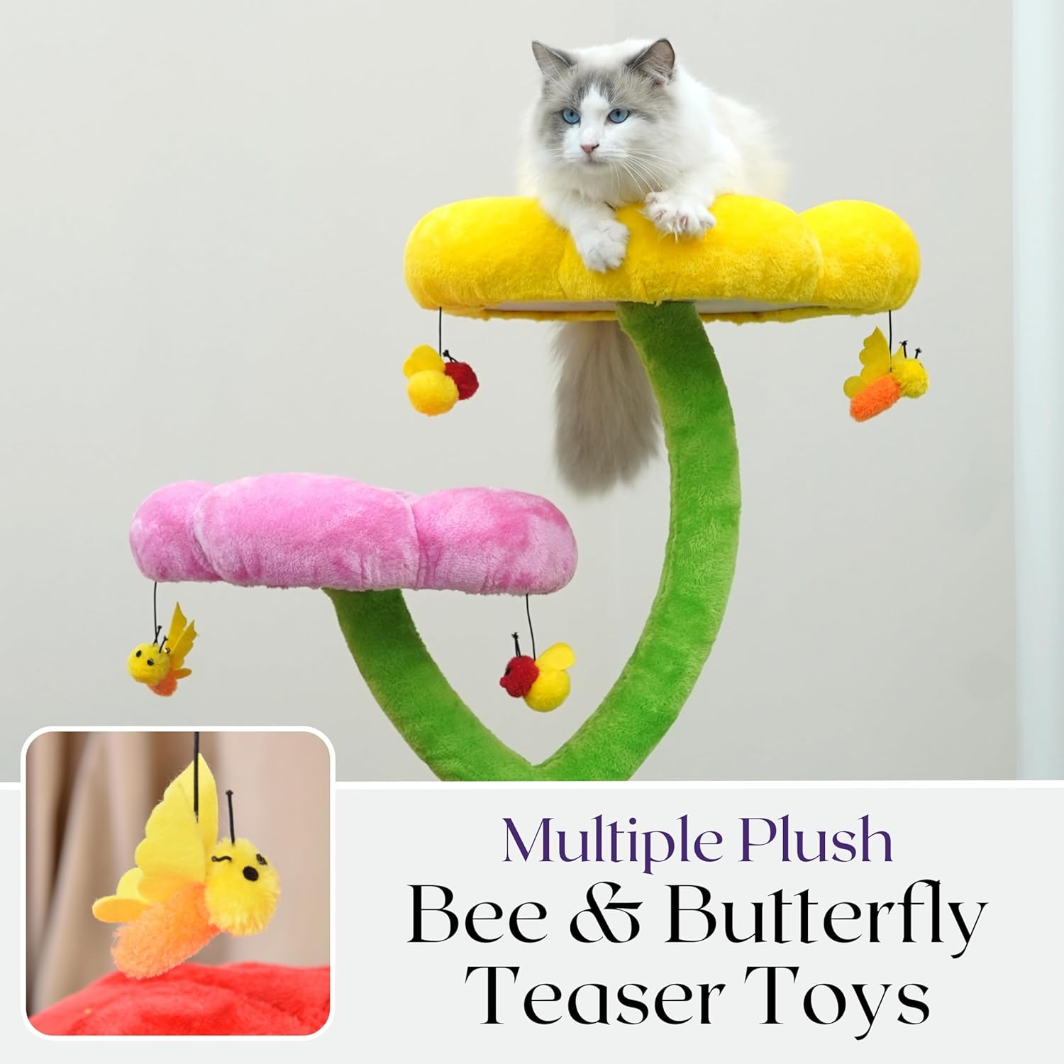 Catry Mushroom Flower Cat Tree Tower with Flower Perches, Leaf Hammock, Hideaway Condo, Replaceable Natural Sisal Scratching Post, Multi-Bee Toys, Novelty Colorful Cat Tree