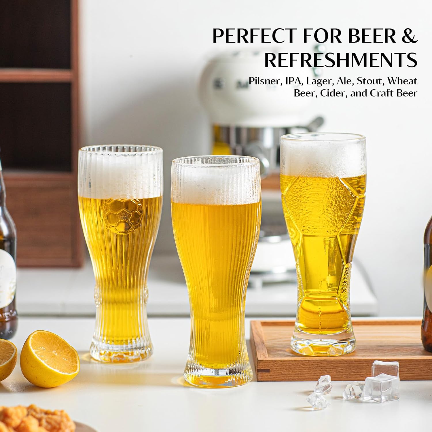 INSETLAN 15 oz Pilsner Beer Glasses Set of 4, Classic Tall Beer Glasses for IPA, Pilsner & Craft Beer, Clear Drinking Glasses for Home & Pub Use, Freezer and Dishwasher Safe (Classic football)