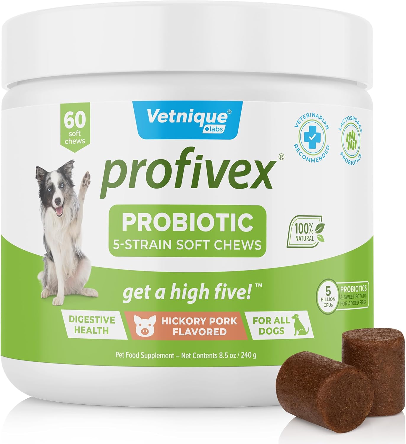 Vetnique Labs Profivex Probiotics for Dogs All Natural Dog Chews & Powder for Digestive Health Probiotic Supplements for Dogs 5 Strains of Probiotics & Prebiotics (Soft Chews, 60ct)