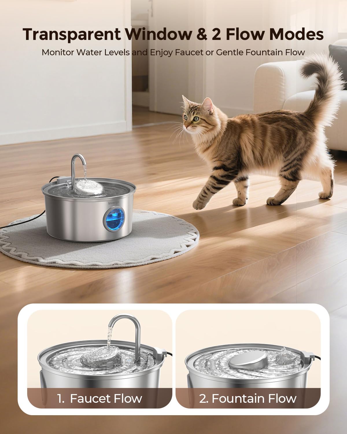 Cat Water Fountain Stainless Steel, 108oz/3.2L Pet Fountain with Large Water Level Window, Ultra Quiet Automatic Cat Water Dispenser for Cats and Dogs, 2 Flow Modes, Splash-Proof Design - image 5