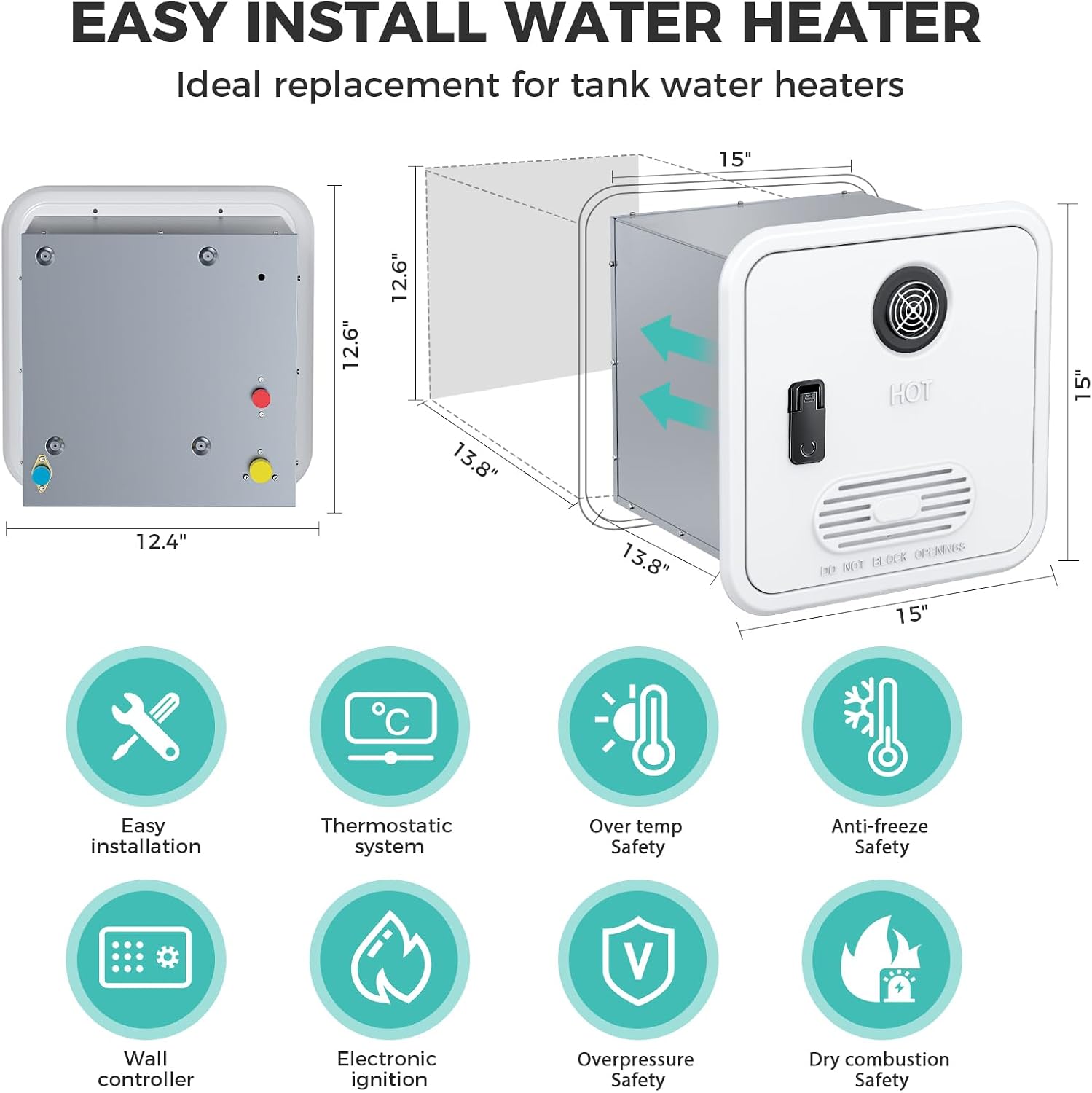 RV Tankless Water Heater, High Altitude Available, with White Door and Controller, DC 12V, On Demand Instant Hot Water Heater, With RV Extra External Water Outlet, Push-To-Open Door