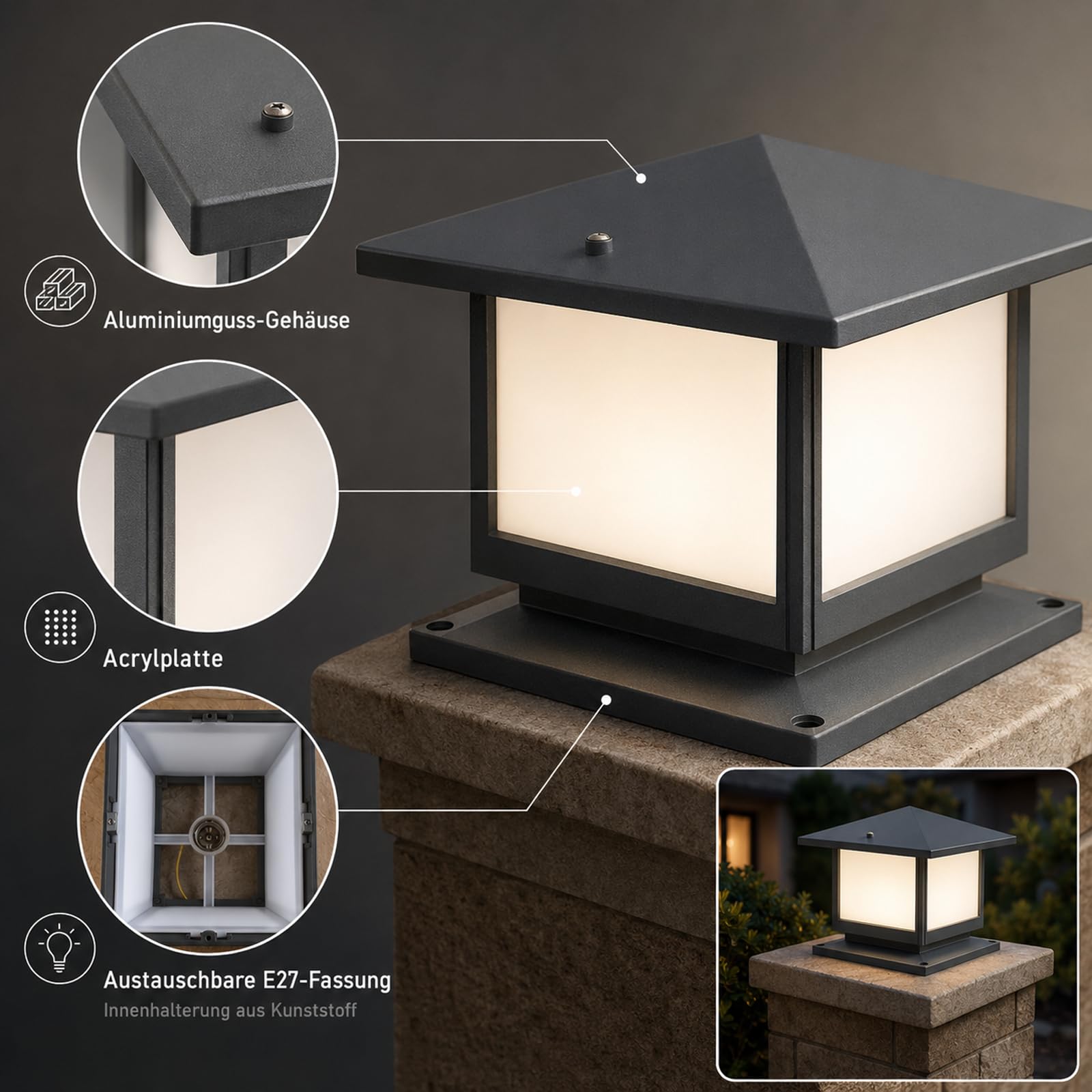 Sockelleuchte Außen 12W, 3 Lichtfarben, IP45, Grau | LED Gartenlampe mit Strom, Aluminium und Acryl, 25 × 25 cm Grundfläche, E27 Wegeleuchten außen für Terrasse und Einfahrt