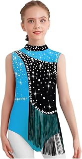 Kids Girls Sleeveless Gymnastics Leotard Tassel Latin Dance Bodysuit Rhinestone Figure Skating Dancewear