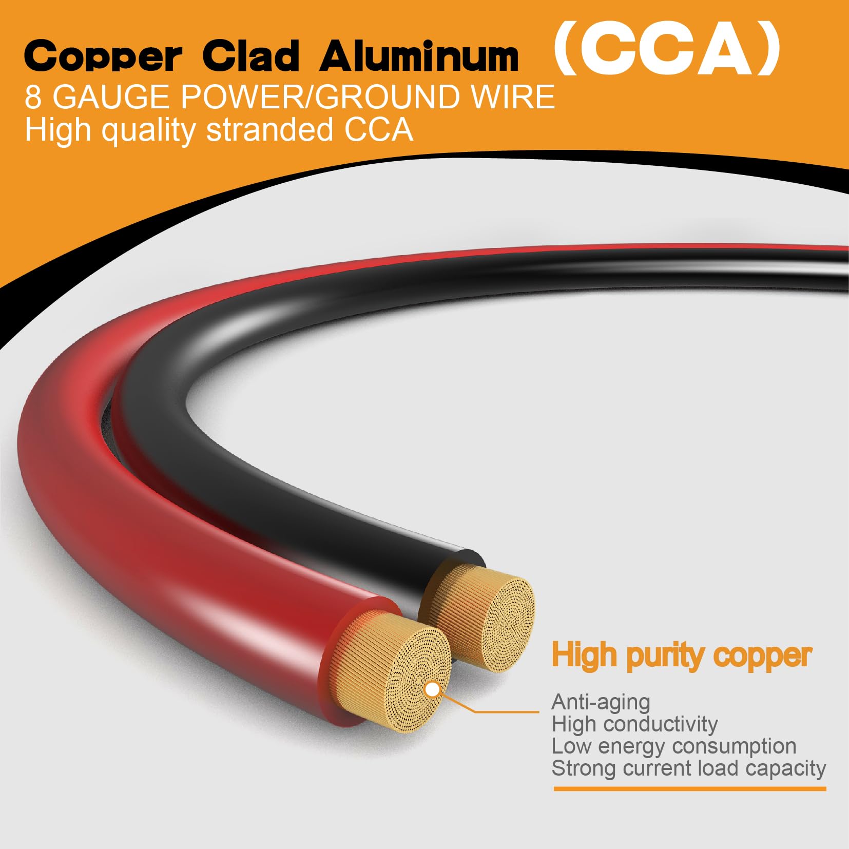 Fil en aluminium plaqué de cuivre CCA de calibre 8 avec cosses 8 GA, porte-fusible 60 A, tube thermorétractable – Câble d'alimentation/de terre, haut-parleur audio de voiture, kit de câblage d'ampli