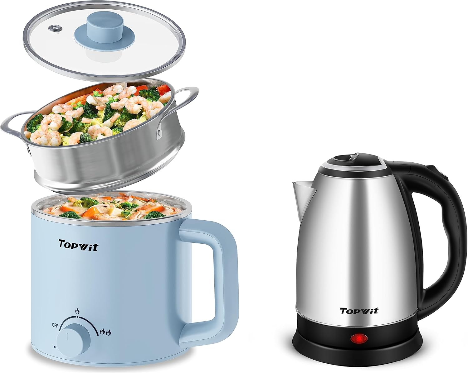 Topwit Electric Cooker with Steamer, 1.6L Ramen Cooker & Electric Kettle Hot Water Kettle, 2.0L Stainless Steel Electric Tea Kettle