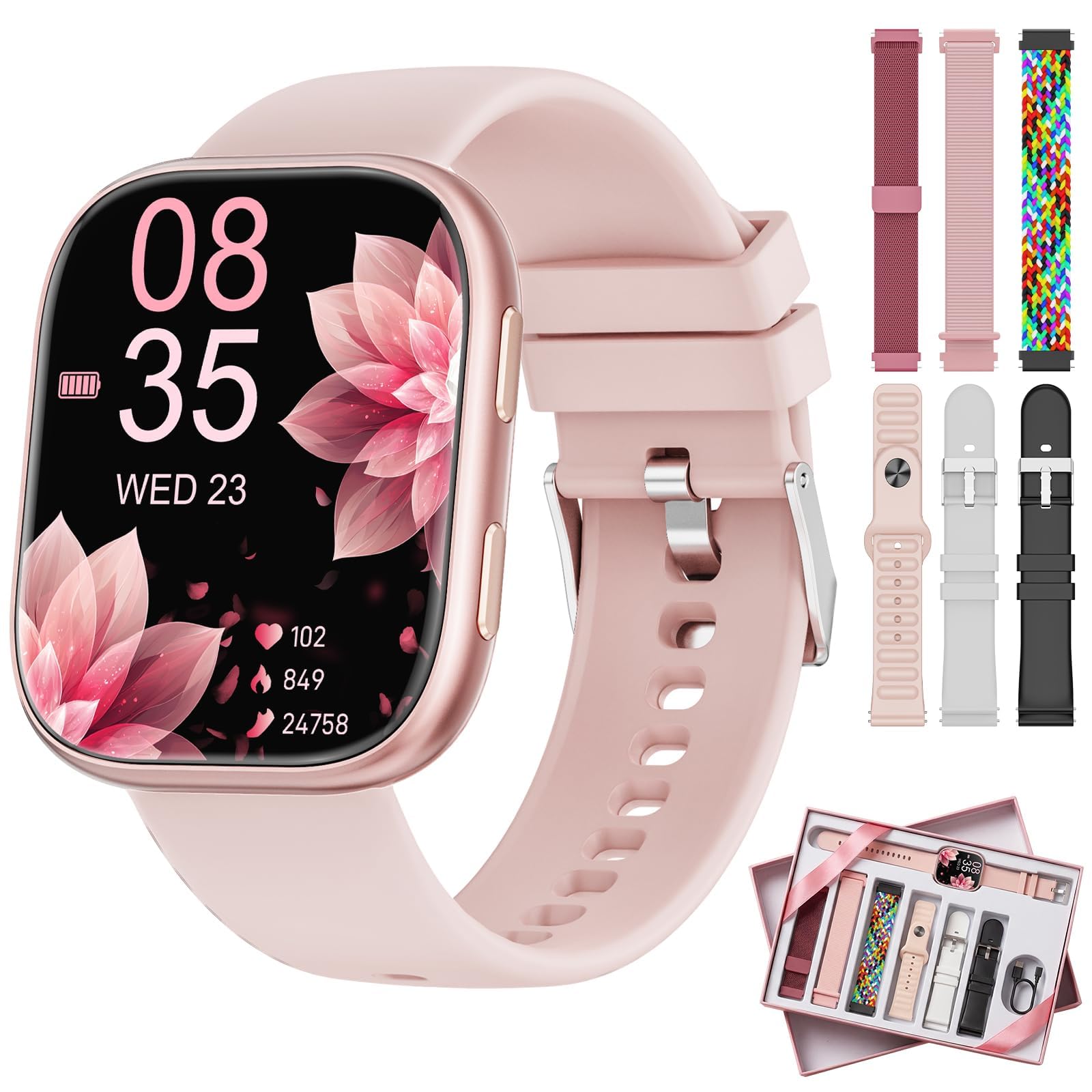 Montre Connectée Femme pour 7 Bracelets et Coffret Cadeau, 1.83'' HD Smartwatch avec Appel Bluetooth, Montre Connectée pour Fréquence Cardiaque, Sommeil, SpO2, 100+ Modes Sportifs, IP68 Etanche(Rose)