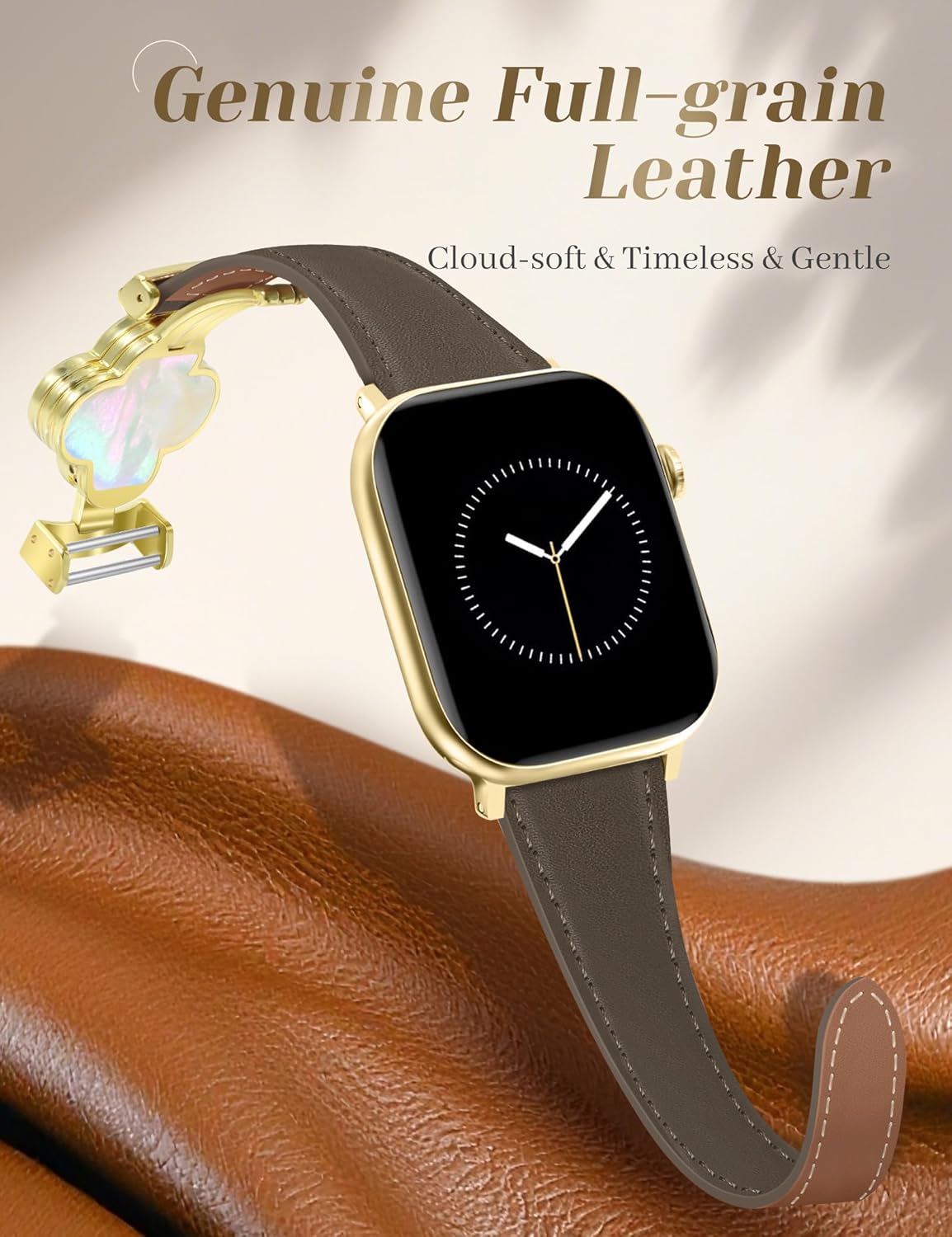 MOINSPIRE Designer Slim Leather Bands for Women,Lucky Four-Leaf Clover Cute Dressy Magnetic Watch Bands for iwatch Compatible with Apple Watch Series 11/10/9/8/7/6/5/4/3/2/1 SE 1/2/3 Ultra 1/2/3