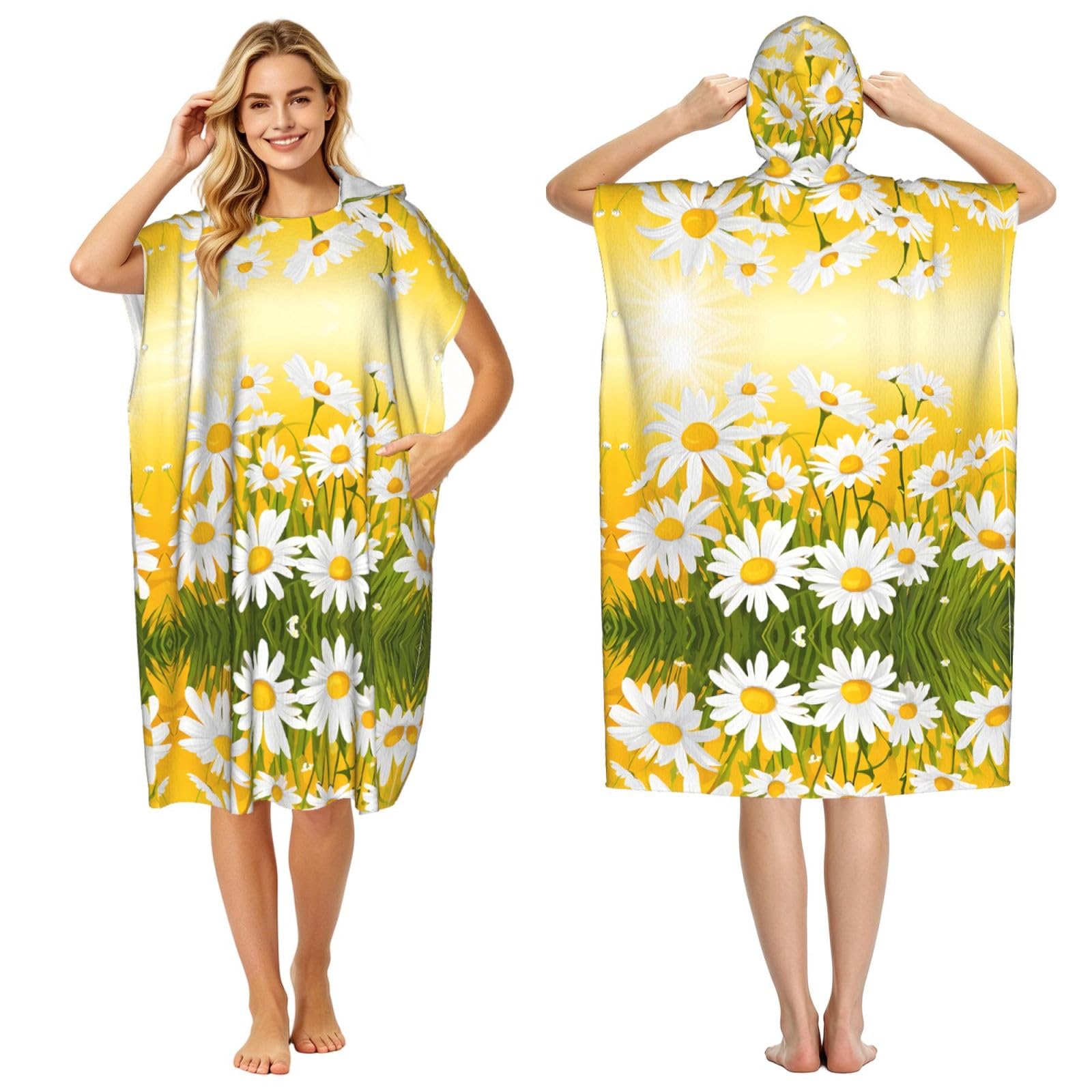 EZDLOWVBA Summer Floral Daisies Flower Print Hooded Poncho Microfiber Beach Towel,Adult Women & Men Changing Robe,Lightweight Summer Surf Swim Bath Poncho Towel