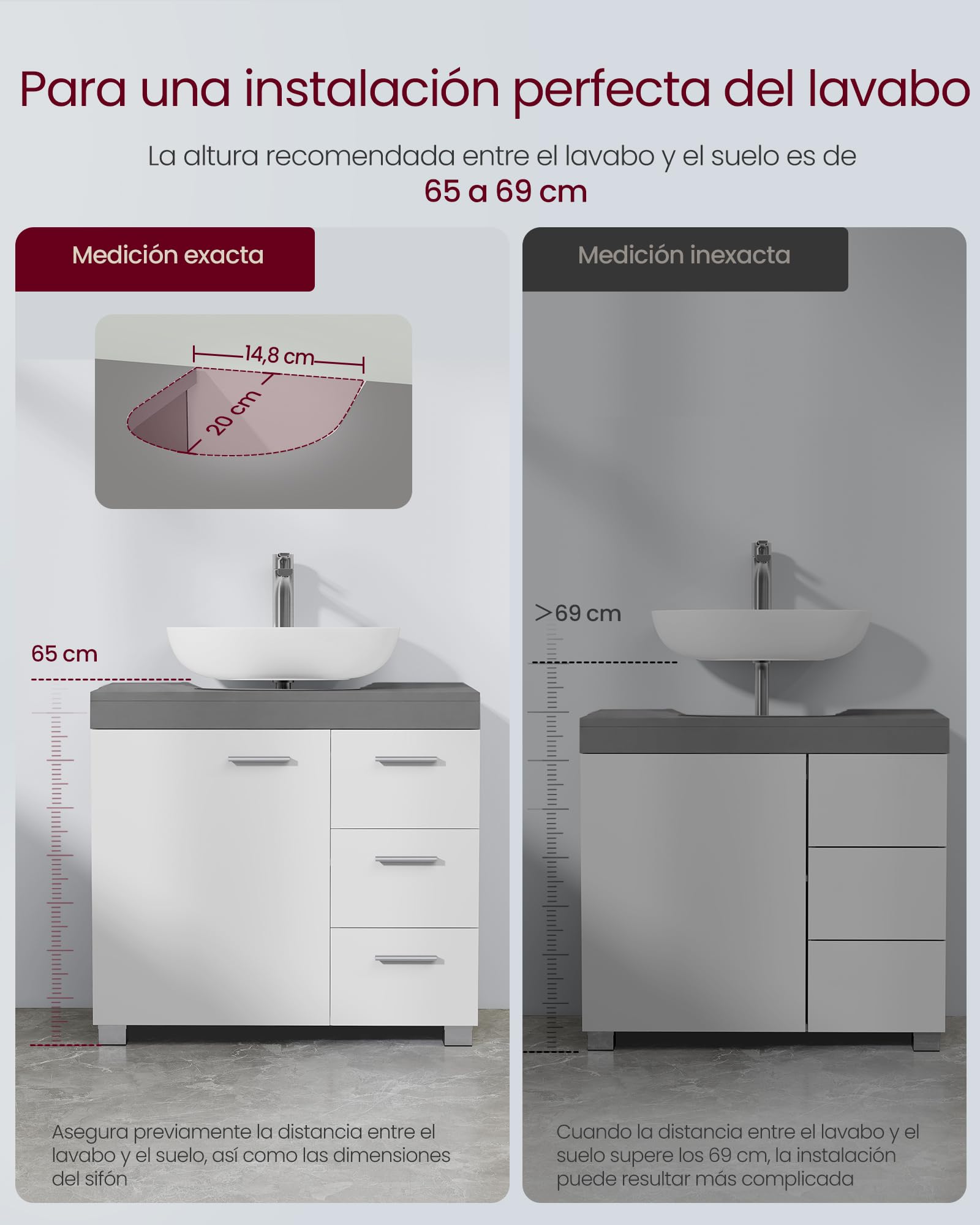 VASAGLE Mueble Bajo Lavabo, Armario de Baño, 3 Cajones, 2 Compartimentos Detrás de la Puerta, con Pies, 30 x 70 x 64 cm, Gris Cemento y Blanco Nube BBK503T49