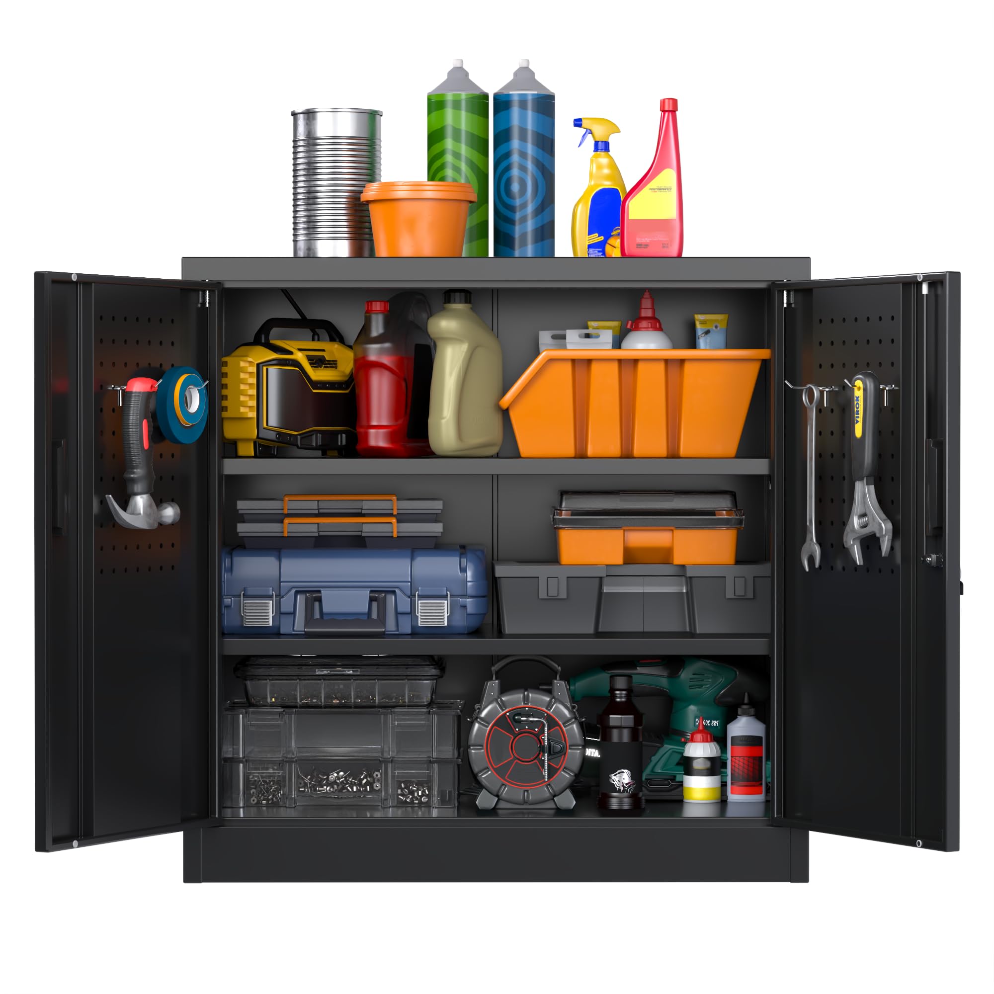 31.5" H Garage Storage Cabinet with 2 Shelves, Metal Cabinet with Lock and 4 Hooks for Home Office Garage, Black, Assembly Required
