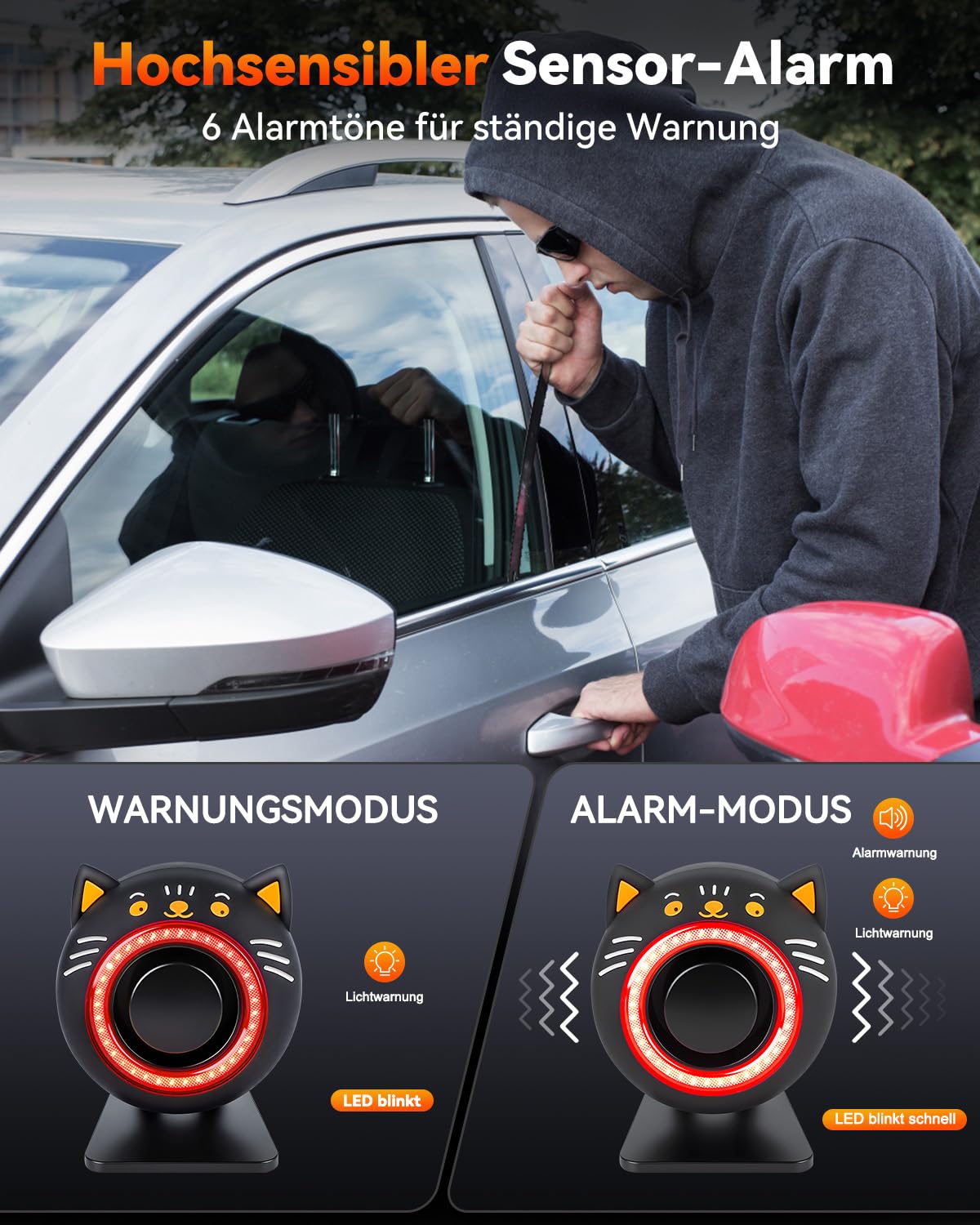 Alarmanlage Auto, Drahtloser Vibrationsalarm, Fahrzeug-Diebstahlschutzsystem, 120dB Einbruch-Sicherheitsalarmanlage Mit Fernbedienung, Einbruchalarm Mit Magnetischer Befestigung für Auto, LKW