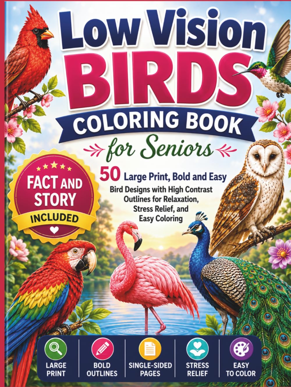 Low Vision Birds Coloring Book for Seniors: 50 Large Print, Bold and Easy Bird Designs with High Contrast Outlines for Relaxation, Stress Relief, and Easy Coloring