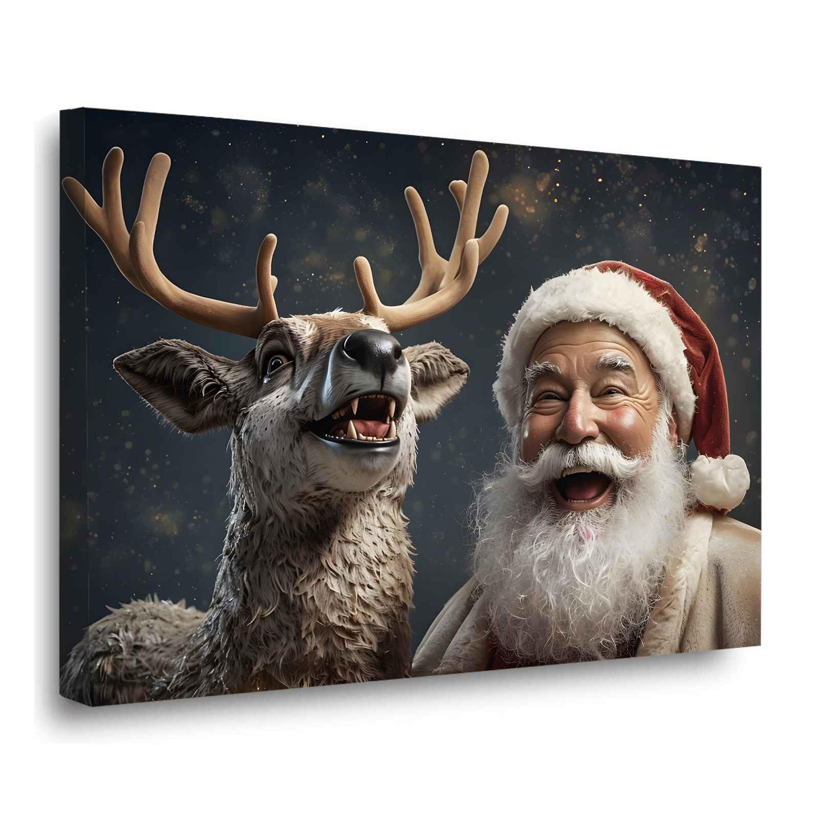 Framed Canvas Wall Art Santa Claus and Reindeer Art Print Vintage Santa Winter Wall Decoration Christmas Holiday Decor 20x30in Wood Framed