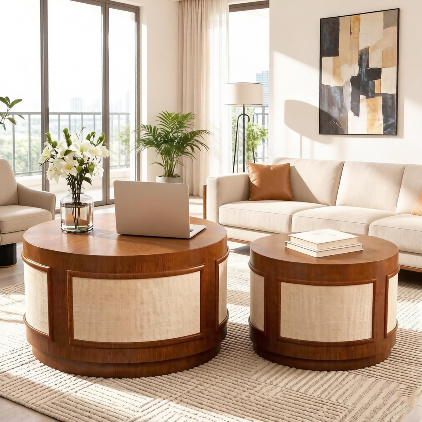 RYDZCLH Nesting Round Coffee Table Set of 2,Drum Center Table