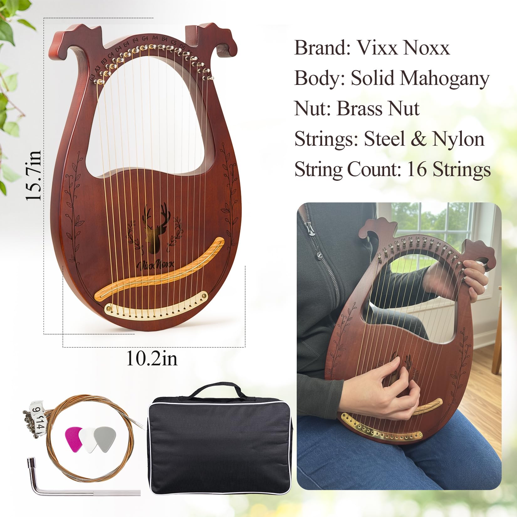 Lyre Harpe 16 cordes en Métal Lyre Instrument de Musique en Acajou avec Clé d'accordage Cordes de Rechange Livre de Musique en Englais Portable Sac, Harp pour Adultes Enfants Débutants