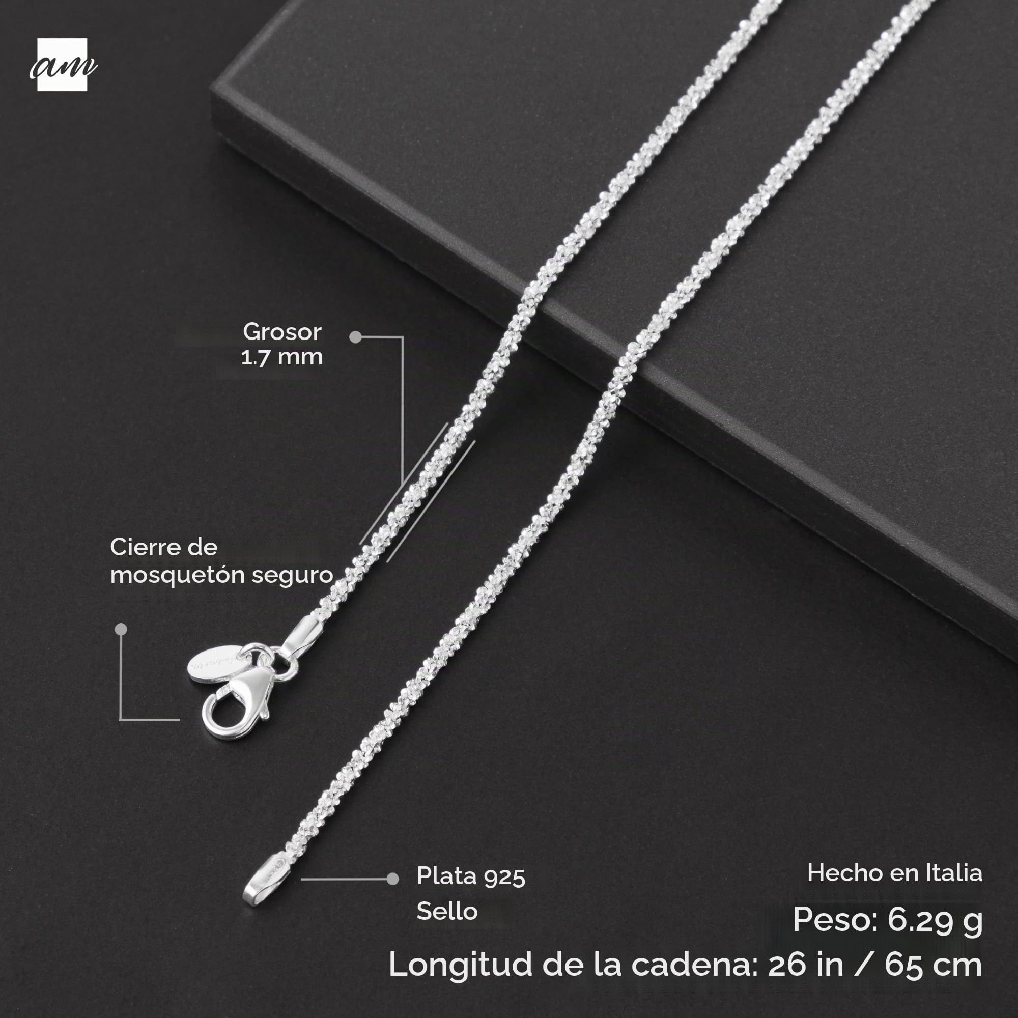 Amberta Collar de Cadena Brillante para Mujer en Plata de Ley 925 Italiano - Cadena Palomitas de Maíz 1.7 mm