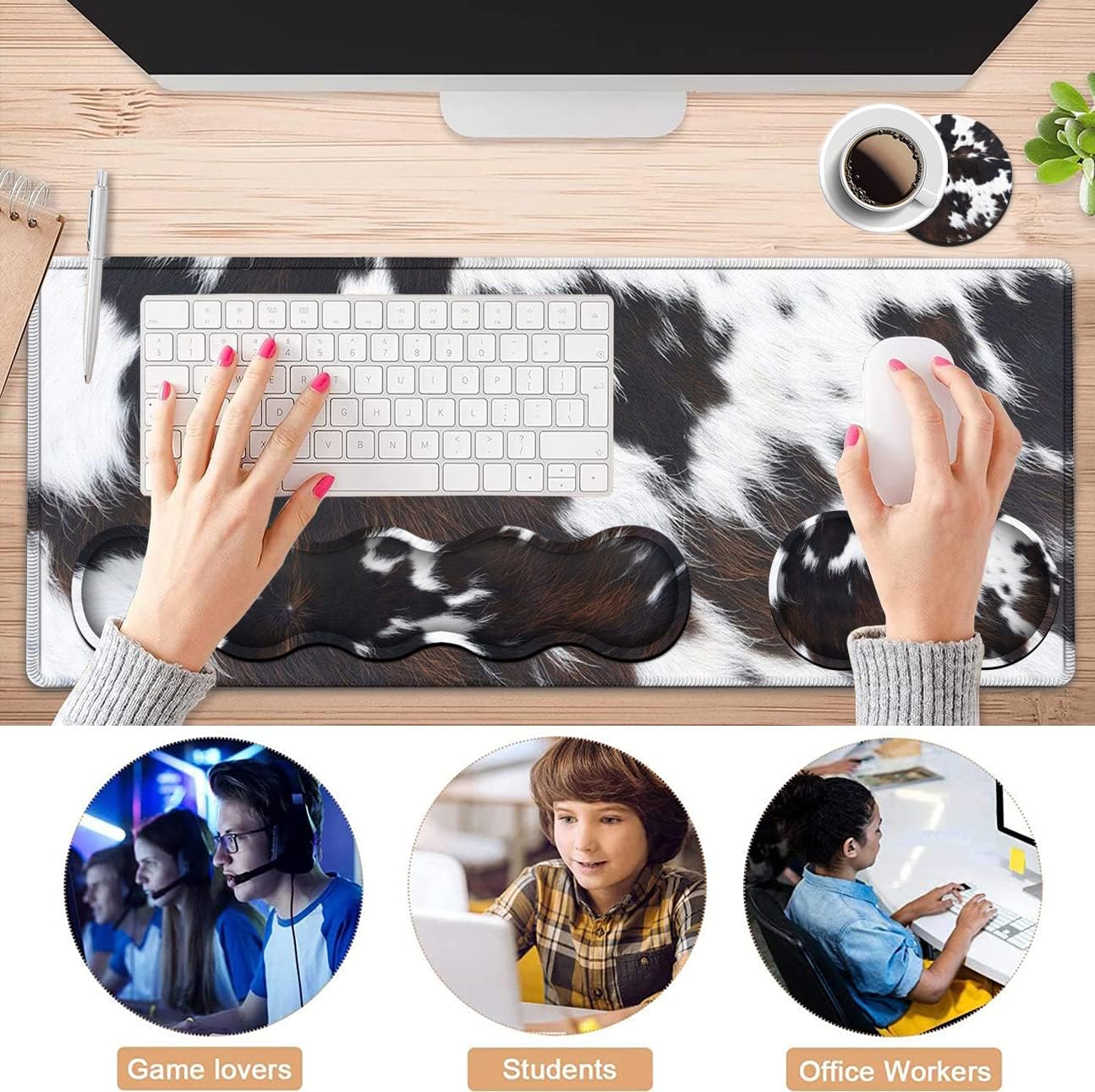 JVGFYNKL Gaming Mouse Pad XXL Large Desk Cute Black Cowhide Extended Mousepad Ergonomic Memory Foam Keyboard Wrist Rest, Stitched Edges Desk Pad(31.5x11.8 in) Extended Large Mousepads Wrist Rest Set