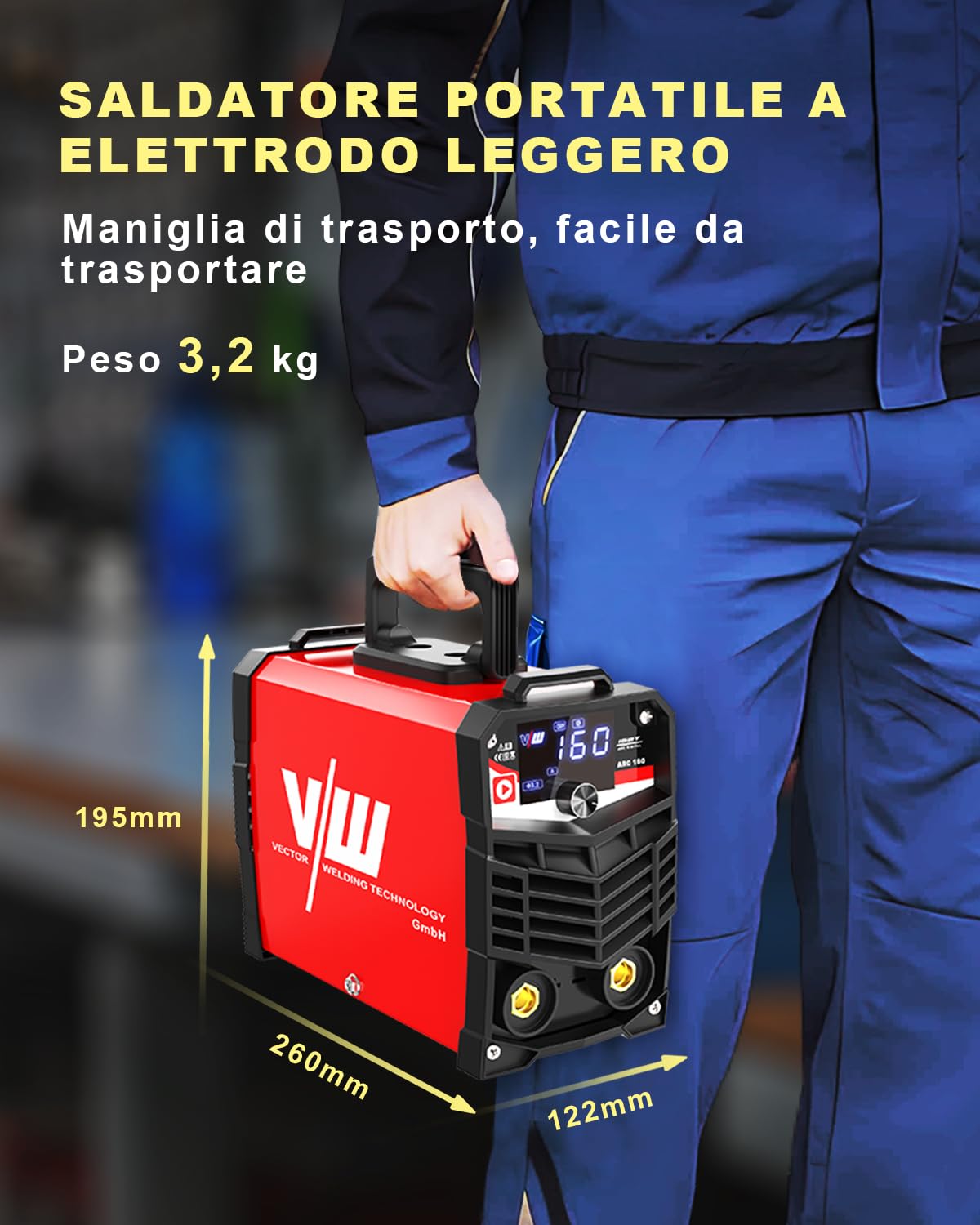 VECTOR WELDING 160A Saldatrice a Elettrodi, MMA/ARC/STICK Inverter Saldatrice, Saldatrice Portatile con IGBT e MCU per Principianti e Professionisti, ARC 160 con Hot Start, Arc Force