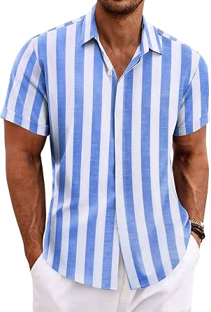 COOFANDY Camisas de vestir de trabajo de ajuste regular para hombre, camisa de lino suelta con botones (azul claro, 2XL), Azul/claro