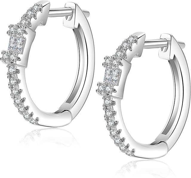 Silver Small Hoop Earrings for Women Cubic Zirconia CZ Hinged Hoops Huggie Crystal Earrings Hypoallergenic Jewellery Gifts