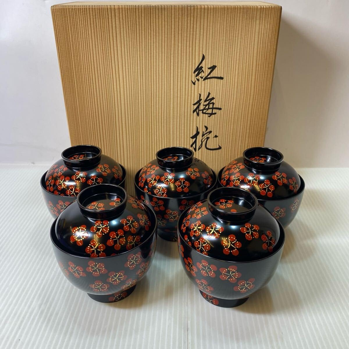 京都 平安象彦 紅梅椀 5客 梅蒔絵 小吸物椀汁椀肝 【