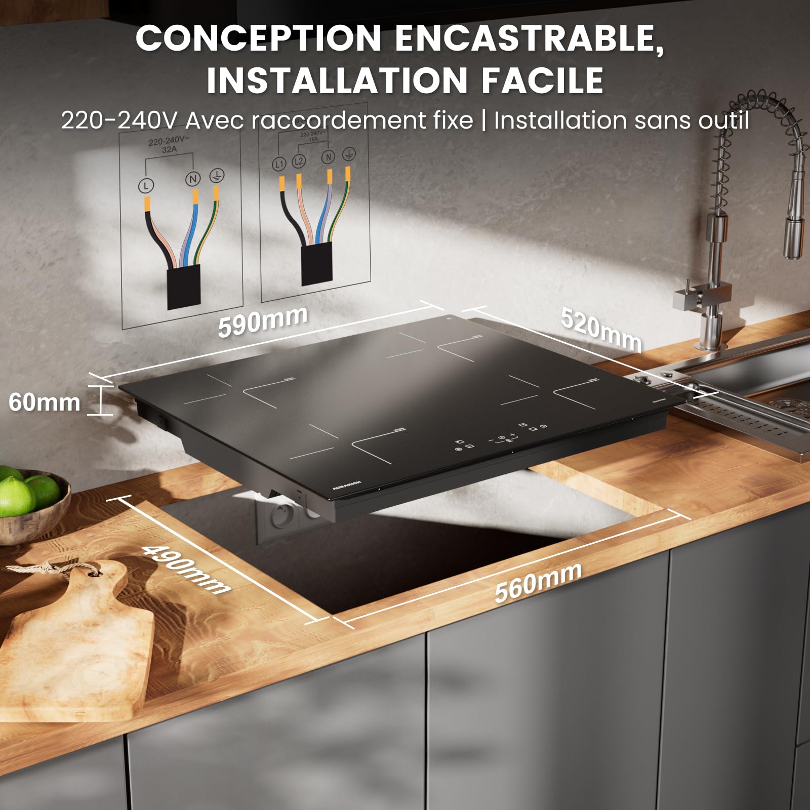 Plaque Induction 4 Feux 7000W 60cm Encastrable Verre Anti-Rayures avec Grattoir Minuterie 2 Boosters Sécurité Enfant