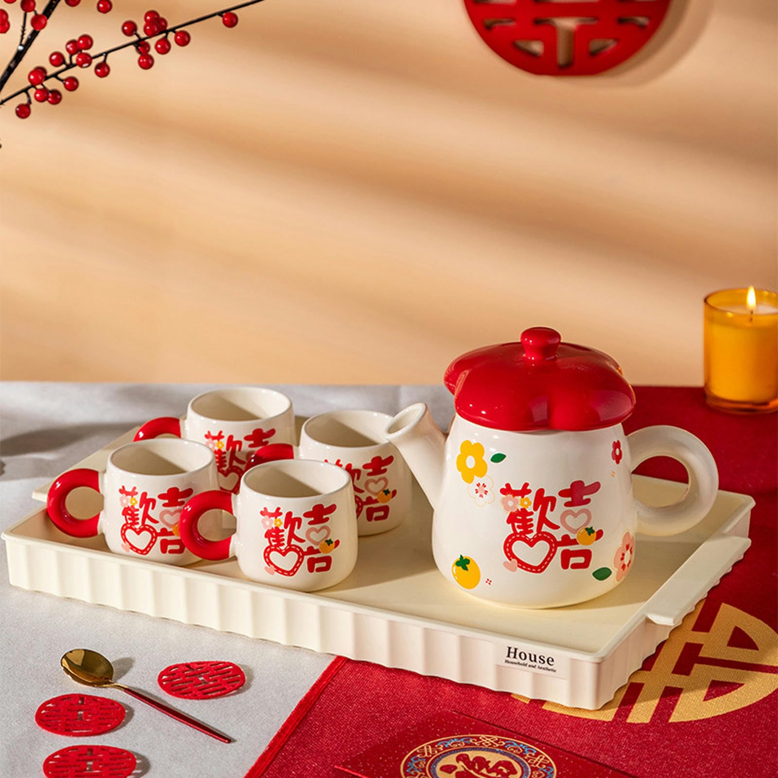 Juego de té festivo creativo y personalizado, juego de agua de cerámica para el hogar, té de tarde de boda, juego de agua feliz, una olla y cuatro tazas