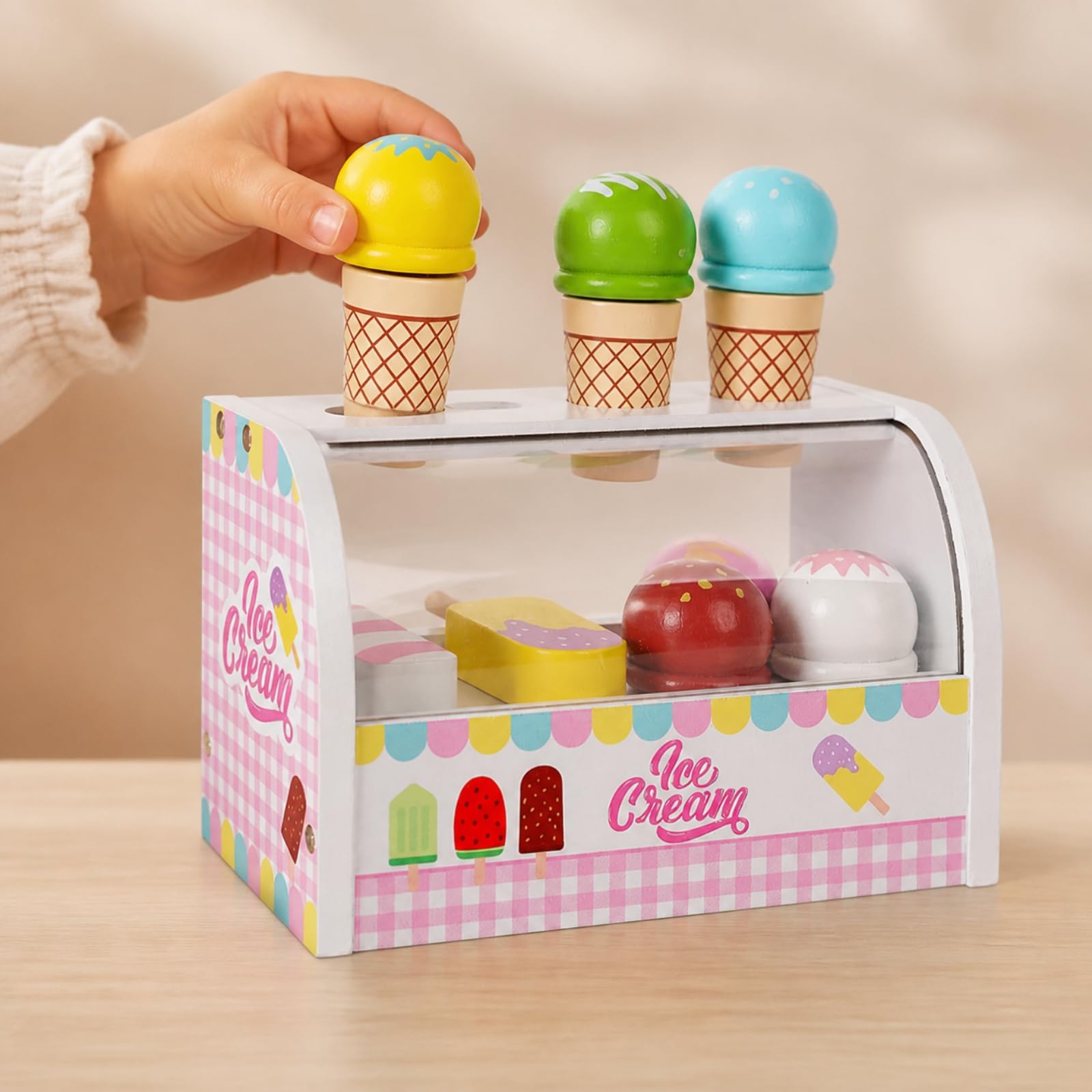 Abgerundete Kanten Eisdiele aus | Eisladen aus, pädagogisches Rollenspielzeug, Eisdiele mit Eisstand, für Garten,