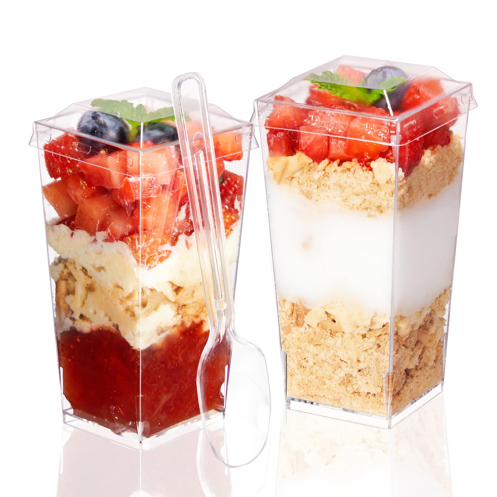 YANYOPPINT 50 Pack 3 oz Square Mini Dessert Cups with Lids and Spoons Square Tall Clear Dessert Shooter Plastic Parfait Appetizer Cups Reusable Serving Bowl for Party