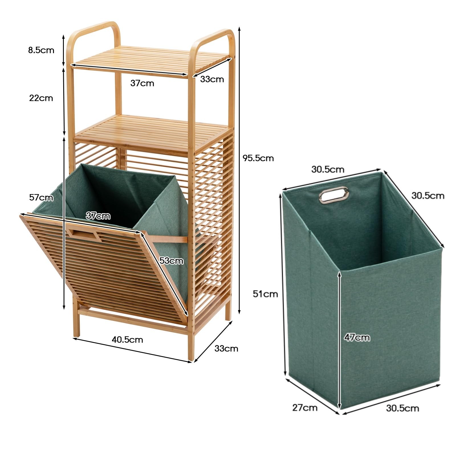 Cesto Portabiancheria In Bambù Con 2 Scomparti Estraibili - 64x33x73cm, Grigio, Salvaspazio Per Bagno - Foto 11