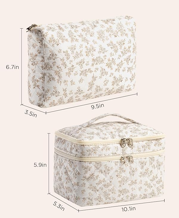 HBselect 2 Pack Floral Cotton Makeup Bag, Double Layer Quilted Makeup Bag Kawaii Coquette Aesthetic Travel Toiletry Bags for Women Girls by HBselect - Image 4