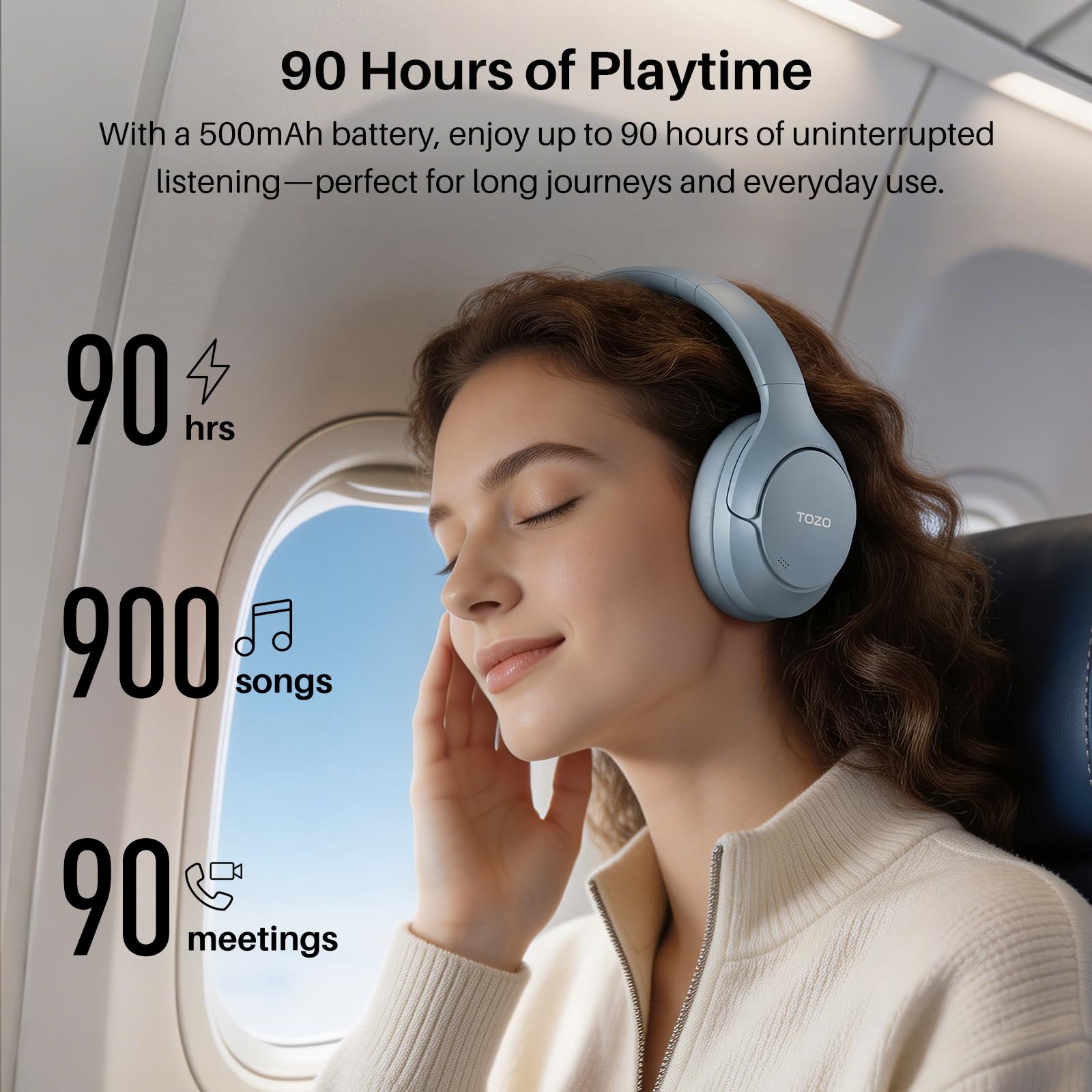 TOZO HT3 Hybrid Noise Cancelling Wireless Headphones, 90H Over Ear Headset view 7