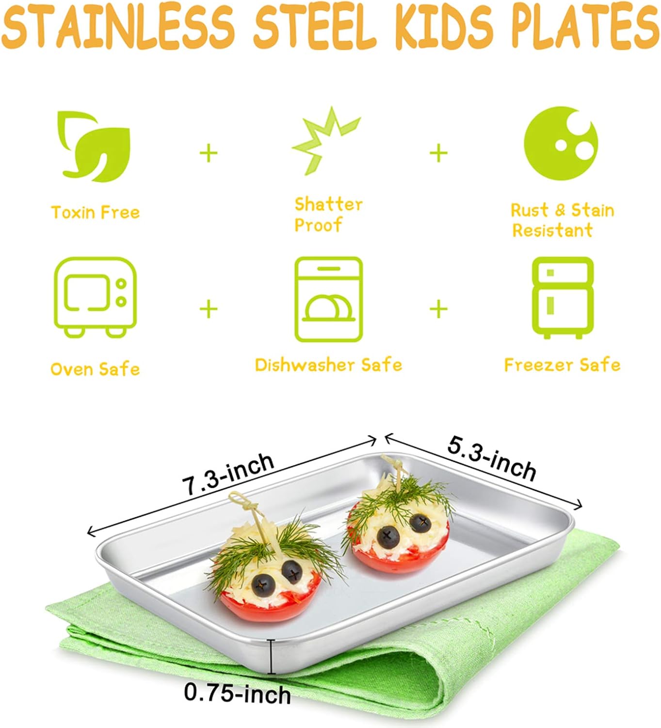 E-far Stainless Steel Kids Plates, 4 Pieces Mini Metal Dinner Dish Set for Kids Toddler Child, 7.3” x 5.3” x 0.75”, Non-Toxic & Dishwasher Safe, Great for Self-Feeding/Picnic/Outdoor Camping