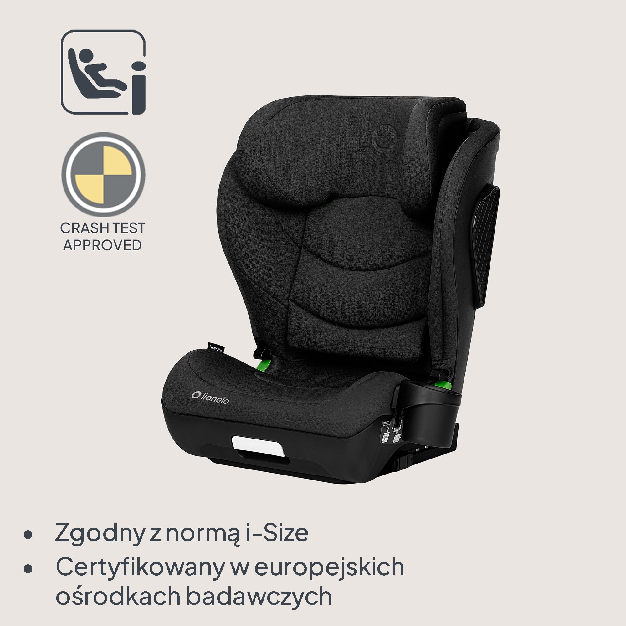 LIONELO NEAL I-SIZE fotelik dziecięcy, grupa 2 3, od 100 do 150 cm od ok. 3 do 12 lat, mocowanie ISOFIX lub bez pasków, regulowany zagłówek, ochrona boczna, podłokietniki standardowe R129