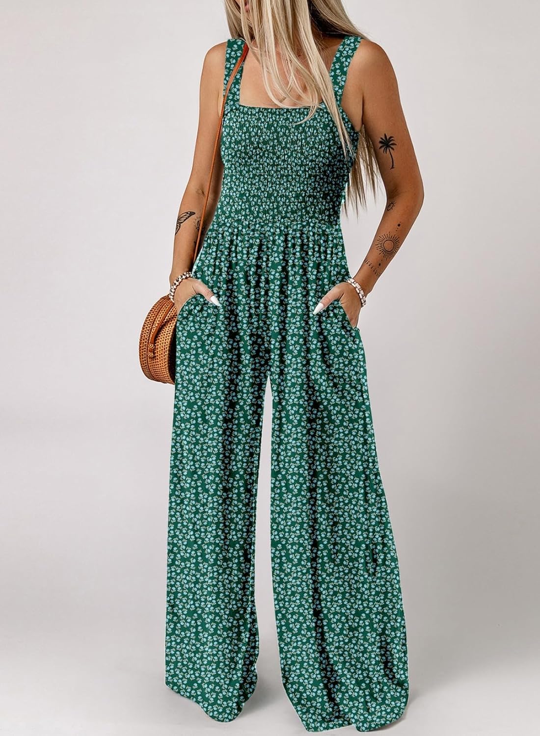 Happy Sailed Jumpsuits for Women Summer Casual Floral Print Sleeveless Jumpsuit High Waist Wide Leg Pant Rompers with Pockets - Image 2